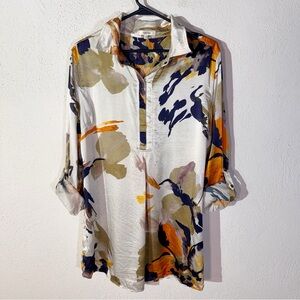 Tyler boe // silk floral print button down tunic top size XL mar1
